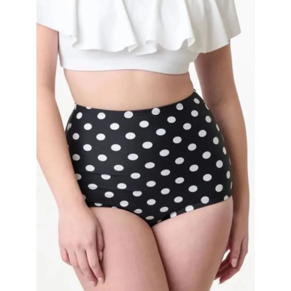 Unique Vintage Black & White Dotted Button High Waist Louise Swim Bottoms 1X